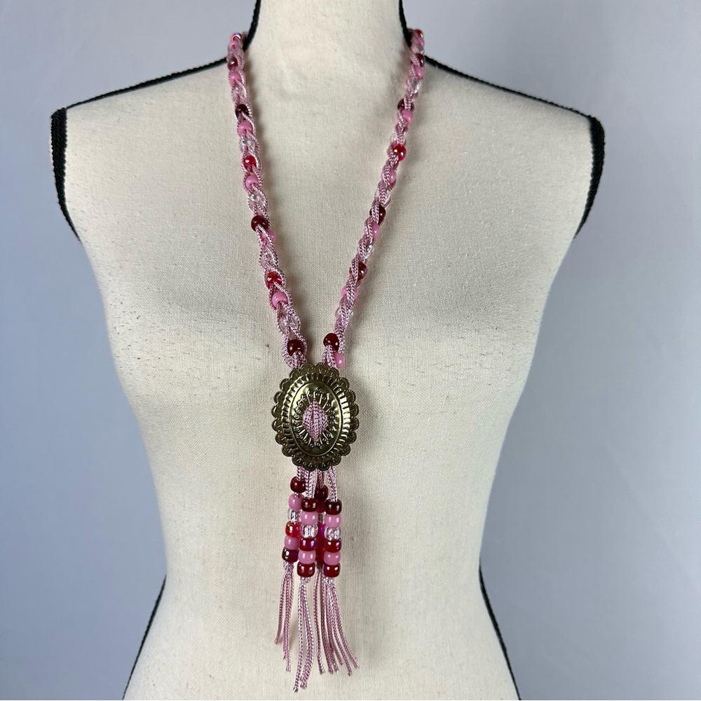 DISCO COWBOY pink and silver braided beaded long necklace